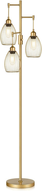 Dimmable Industrial Floor Lamps for Living Room, Gold Tree Standing Tall Lamps with 3 Elegant Teardrop Cage Head & 800 Lumens LED Bulbs for Bedroom Office - Grand Goldman