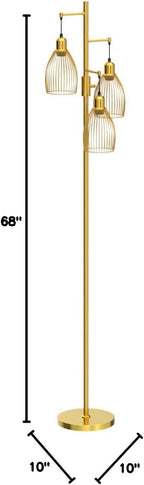 Dimmable Industrial Floor Lamps for Living Room, Gold Tree Standing Tall Lamps with 3 Elegant Teardrop Cage Head & 800 Lumens LED Bulbs for Bedroom Office - Grand Goldman