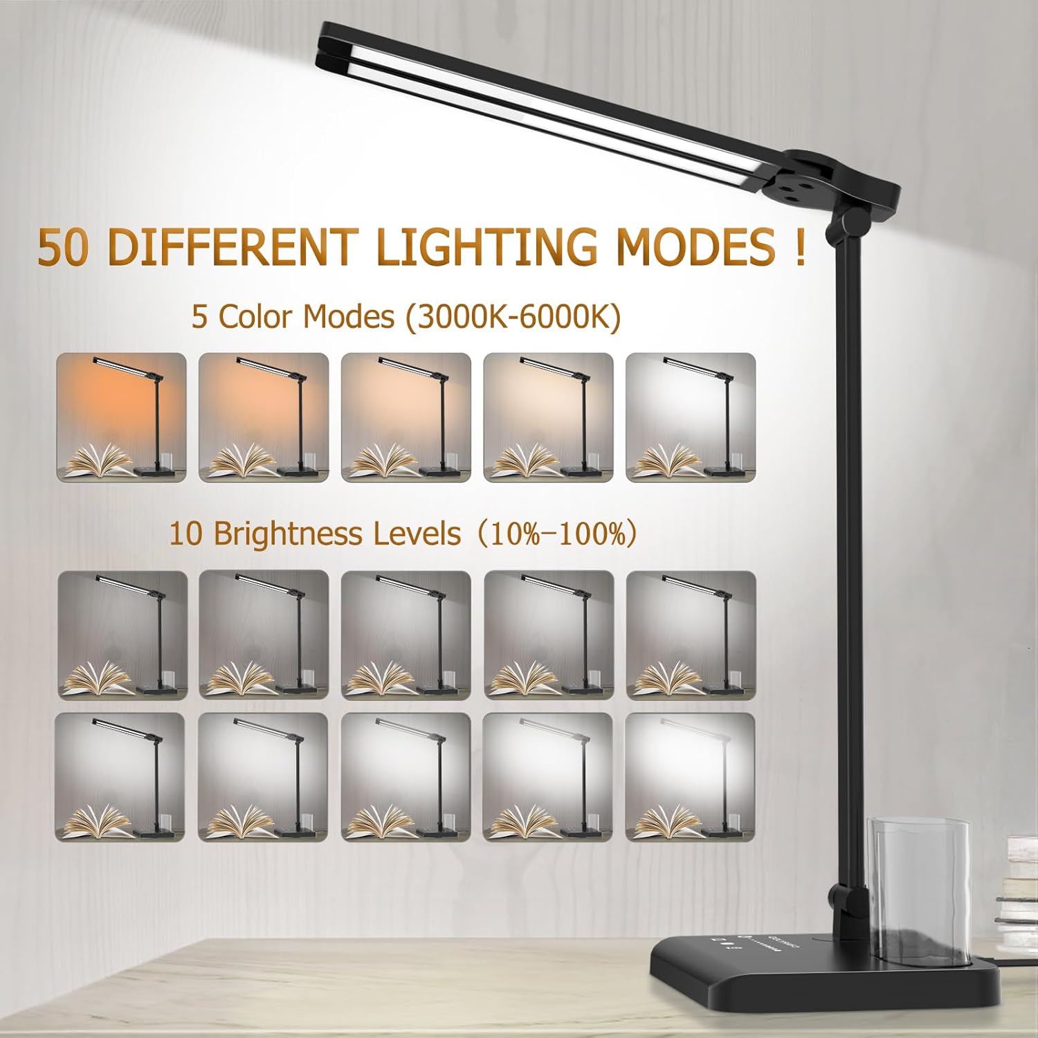 Dimmable LED Desk Lamp with USB Charging Port, 50 Lighting Modes Dual Swing Arm Architect Table Lamp Light Desk Lamp for Home Office Dorm Piano Nail - Grand Goldman