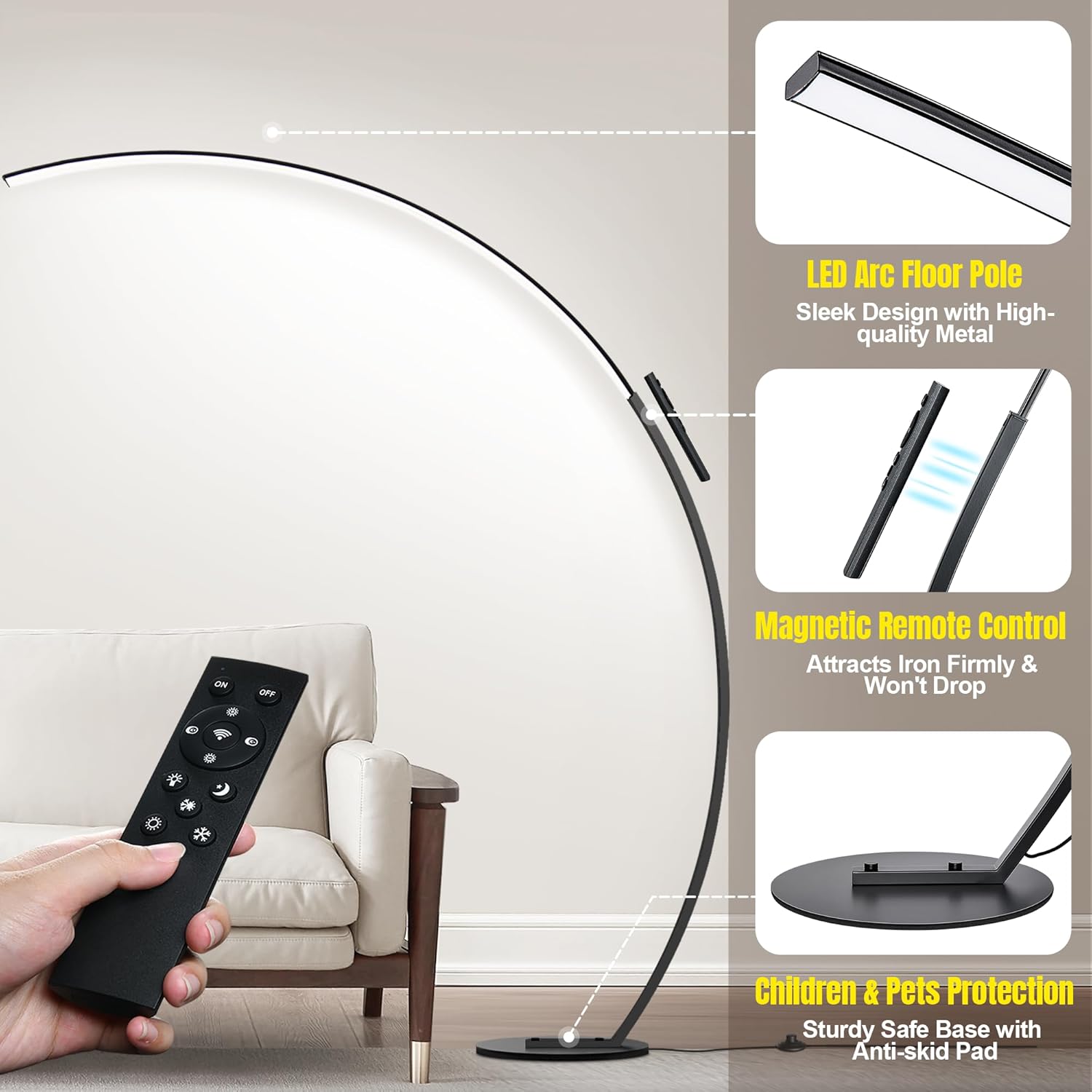 Dimmable LED Floor Lamp with 3 Color Temperatures, Ultra Bright 2000LM Arc Floor Lamps for Living Room, Modern Standing Tall Lamp with Remote Control Reading Floor Lamp for Bedroom Office Classroom - Grand Goldman