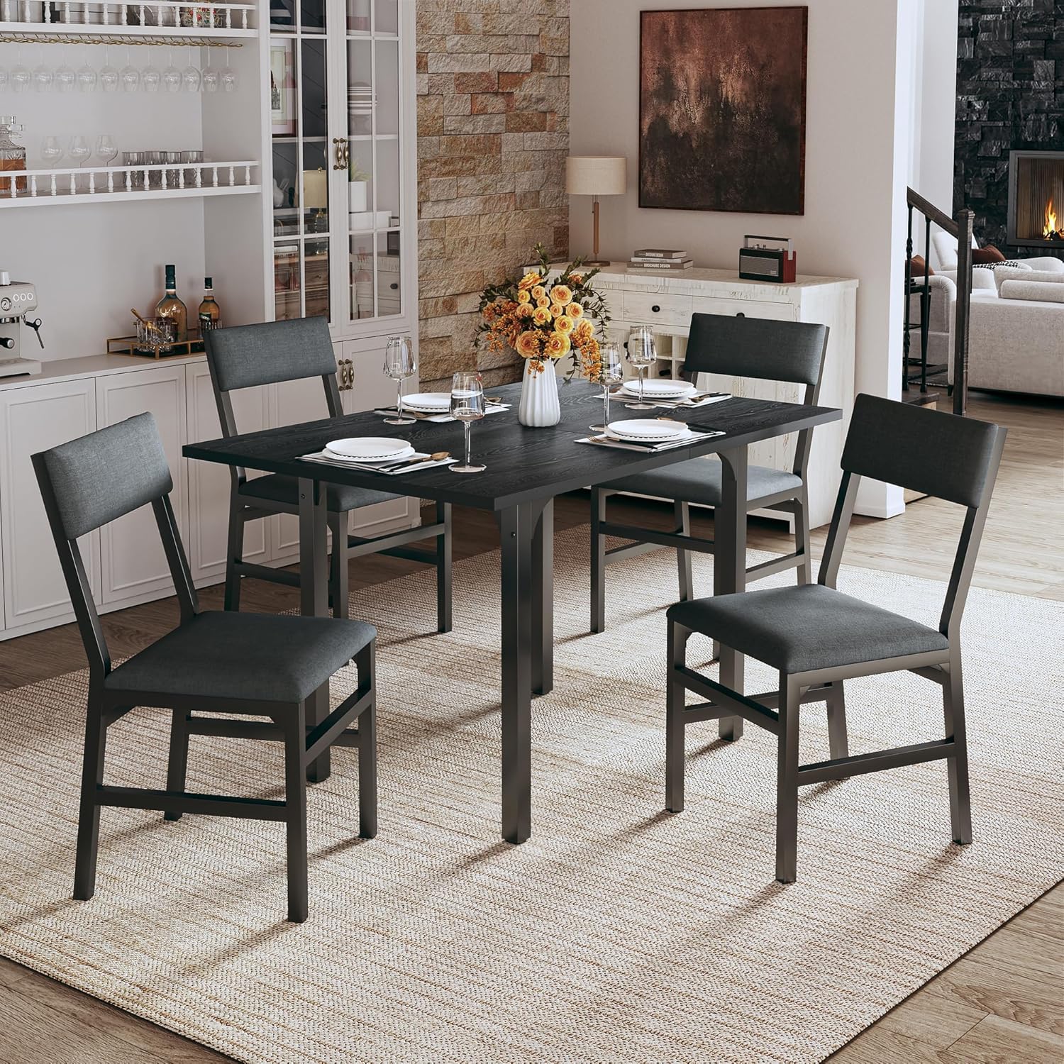 Dining Table Set for 4, Extendable Kitchen Table Cushion Chairs Set of 4, Rectangle Dining Table with Metal Frame & MDF Board, Folding for Small Apartment Saving Space, Black - Grand Goldman