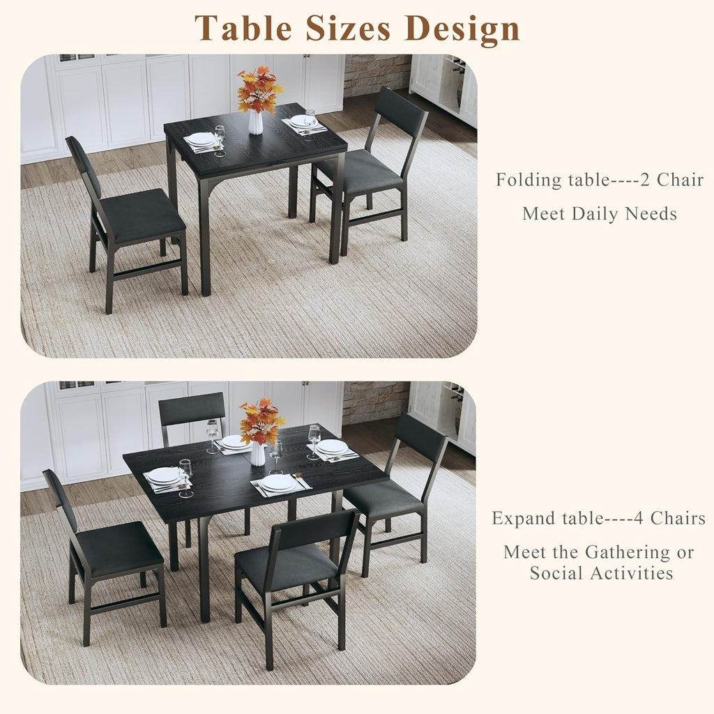 Dining Table Set for 4, Extendable Kitchen Table Cushion Chairs Set of 4, Rectangle Dining Table with Metal Frame & MDF Board, Folding for Small Apartment Saving Space, Black - Grand Goldman