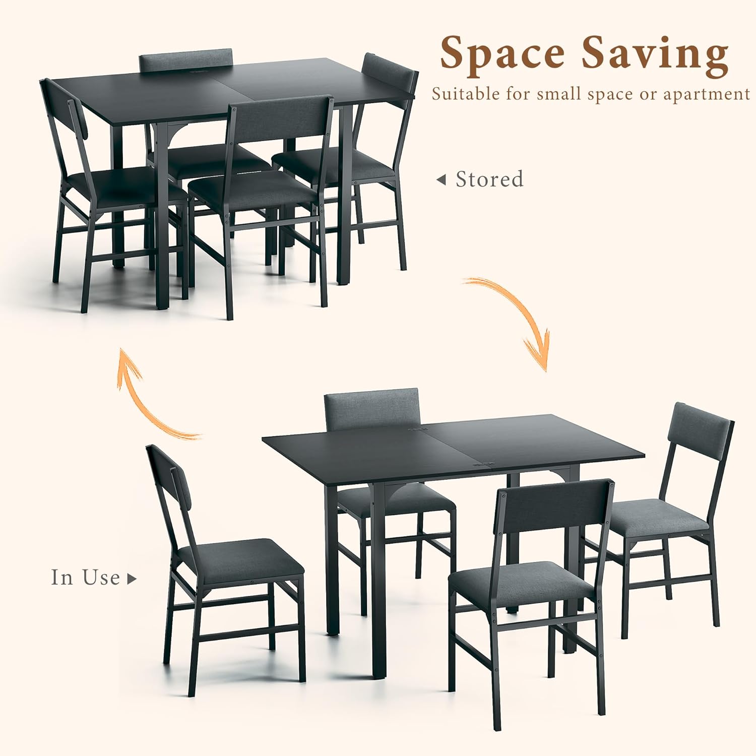 Dining Table Set for 4, Extendable Kitchen Table Cushion Chairs Set of 4, Rectangle Dining Table with Metal Frame & MDF Board, Folding for Small Apartment Saving Space, Black - Grand Goldman