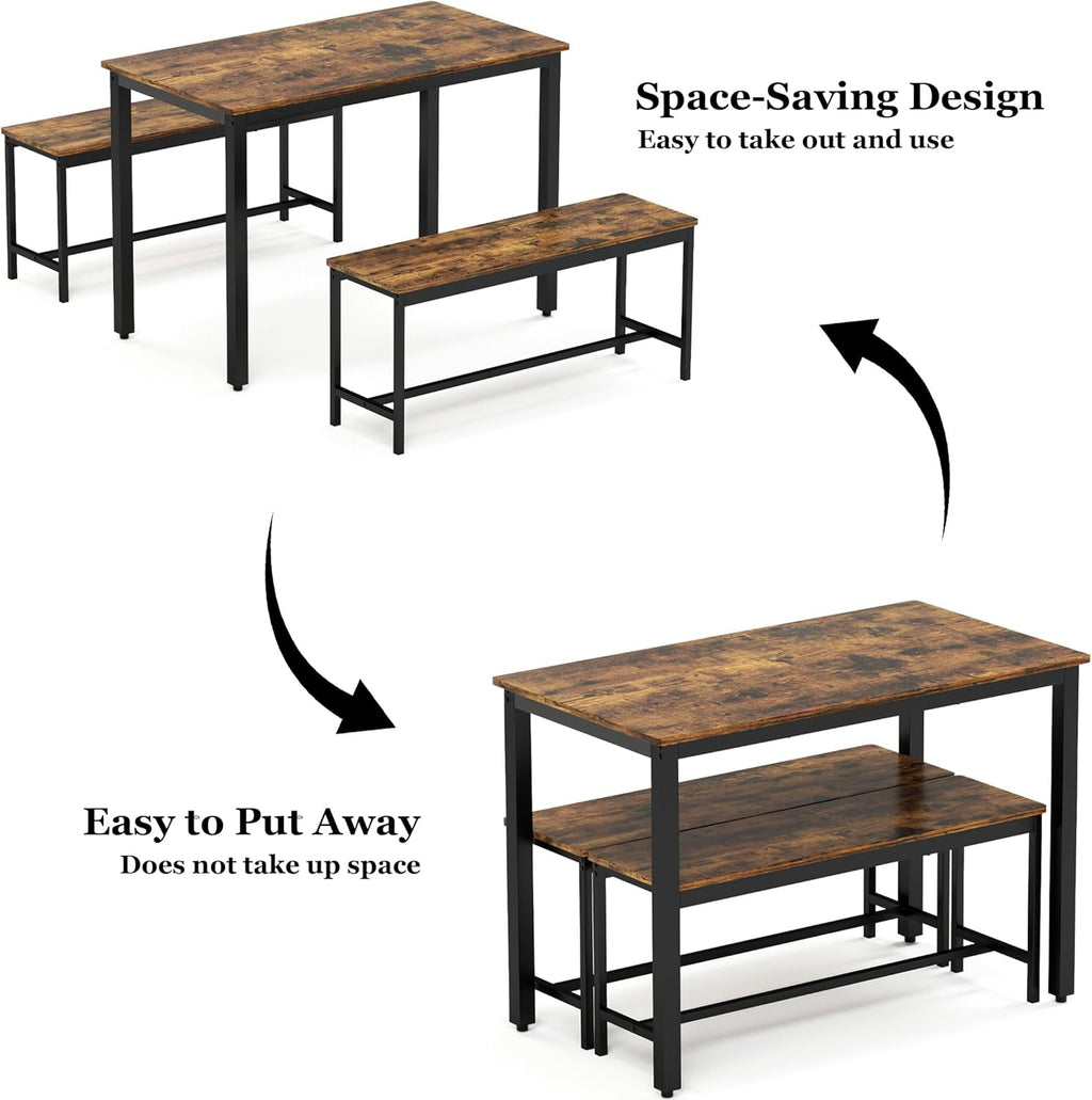 Dining Table Set for 4, Kitchen Room Table Set with 2 Benches, 3-Piece Dining Chairs Set for Breakfast Nook, Grey - Grand Goldman
