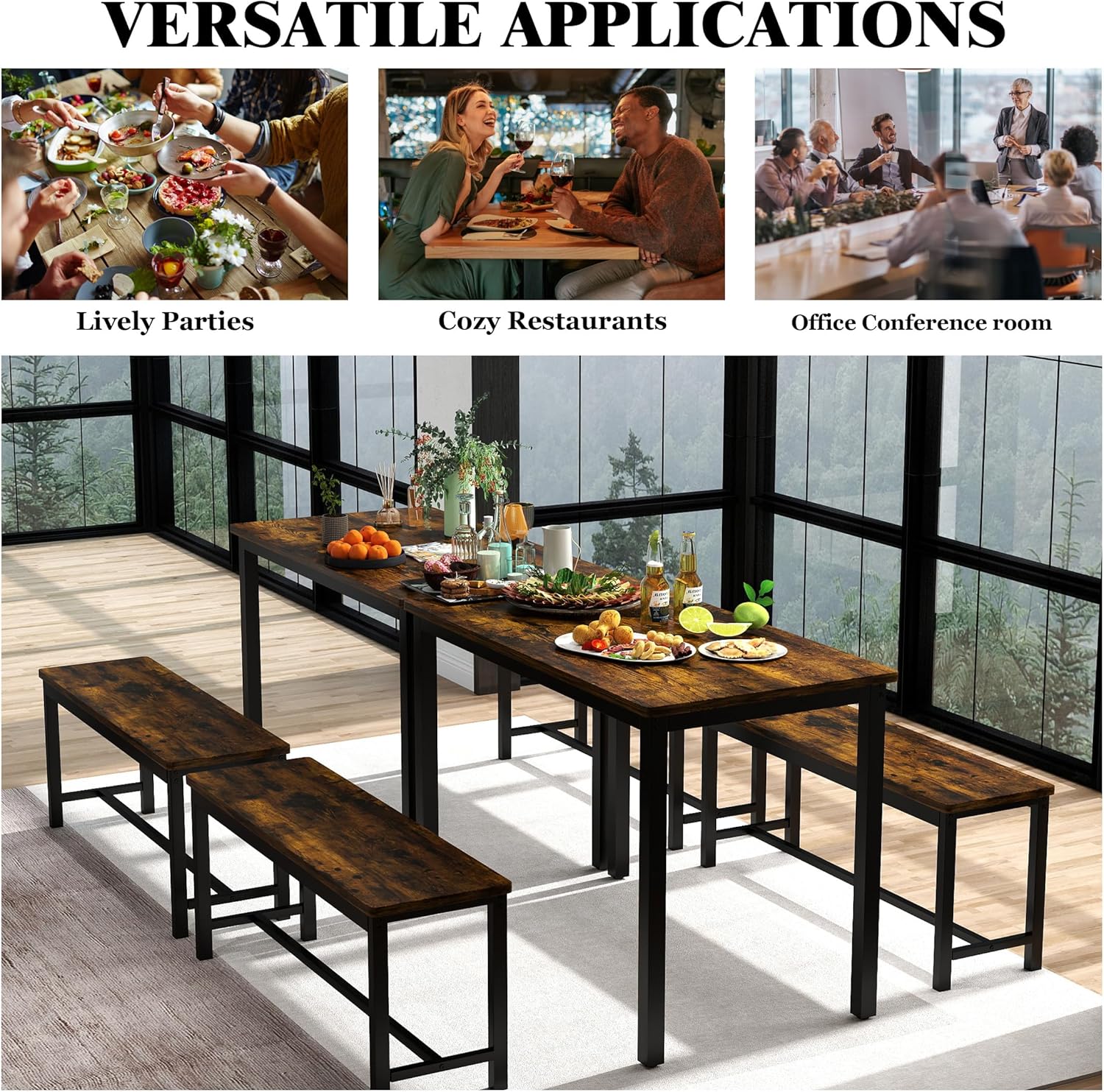 Dining Table Set for 4, Kitchen Room Table Set with 2 Benches, 3-Piece Dining Chairs Set for Breakfast Nook, Grey - Grand Goldman