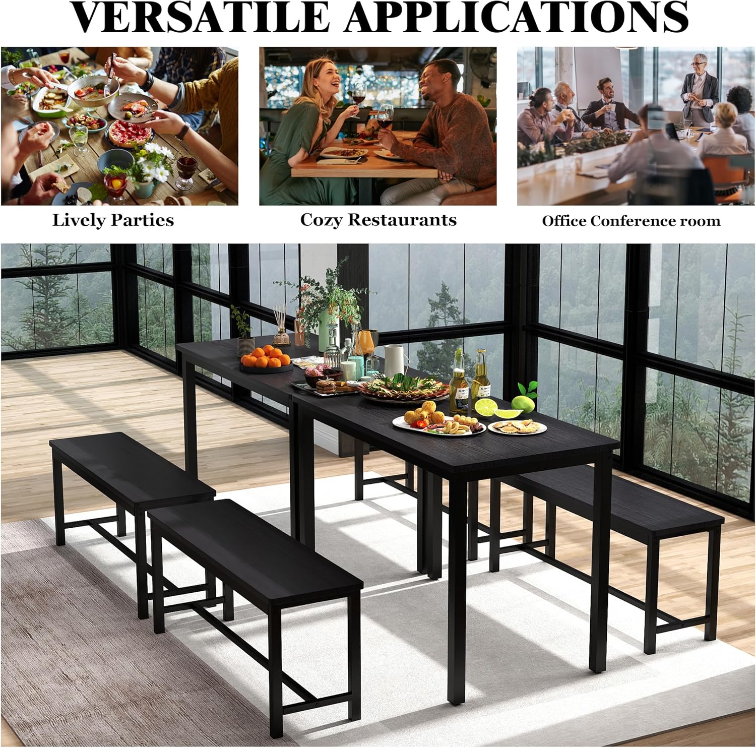 Dining Table Set for 4, Kitchen Room Table Set with 2 Benches, 3-Piece Dining Chairs Set for Breakfast Nook, Grey - Grand Goldman