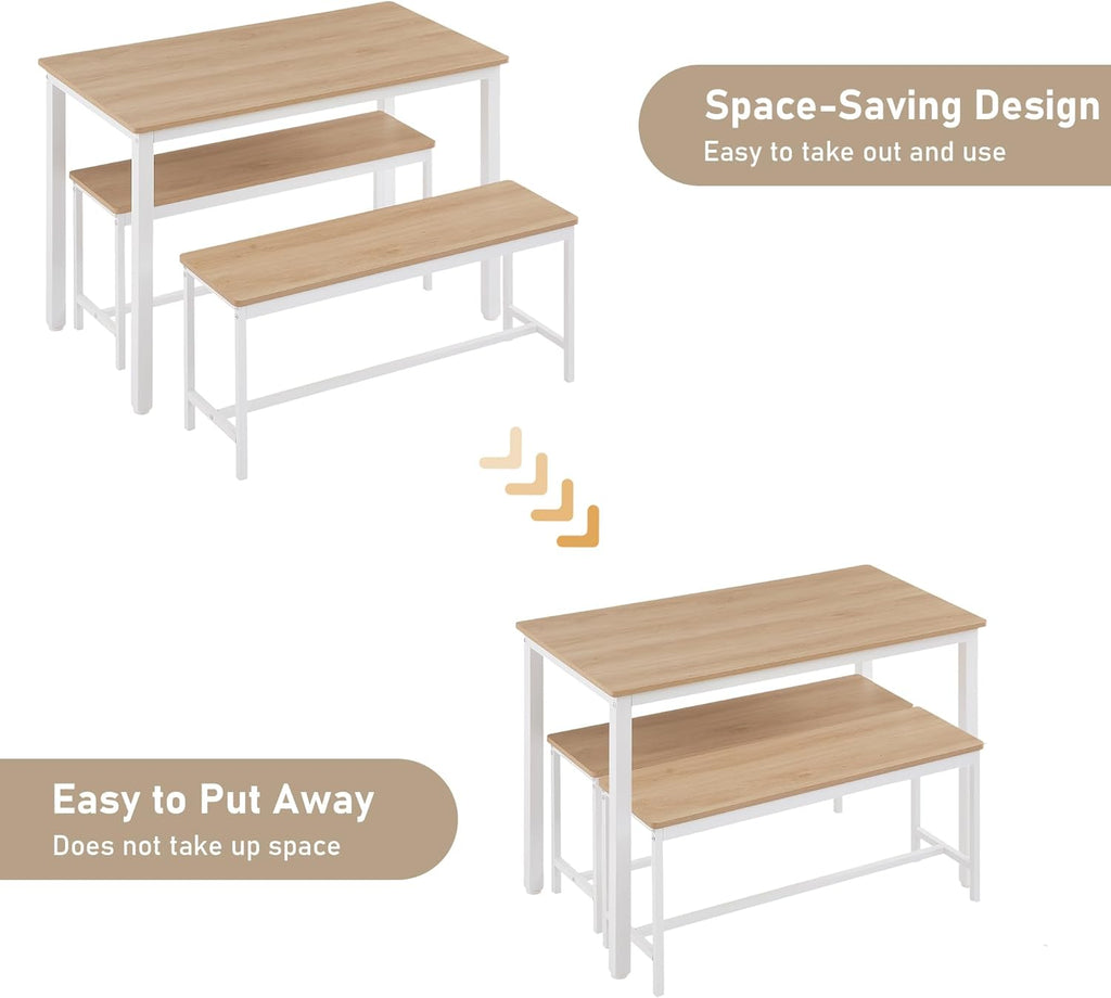 Dining Table Set for 4, Kitchen Room Table Set with 2 Benches, 3-Piece Dining Chairs Set for Breakfast Nook, Grey - Grand Goldman