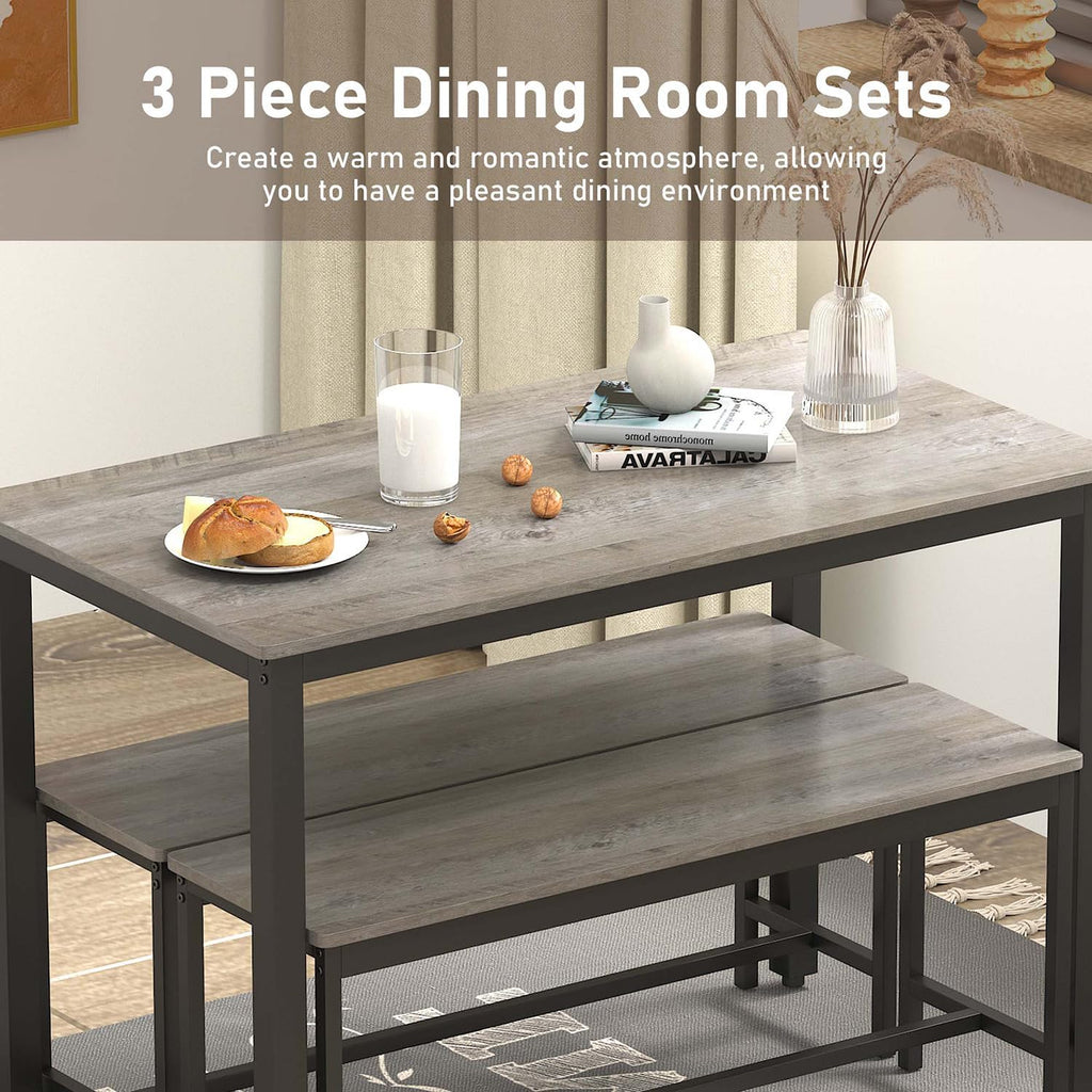 Dining Table Set for 4, Kitchen Room Table Set with 2 Benches, 3-Piece Dining Chairs Set for Breakfast Nook, Grey - Grand Goldman