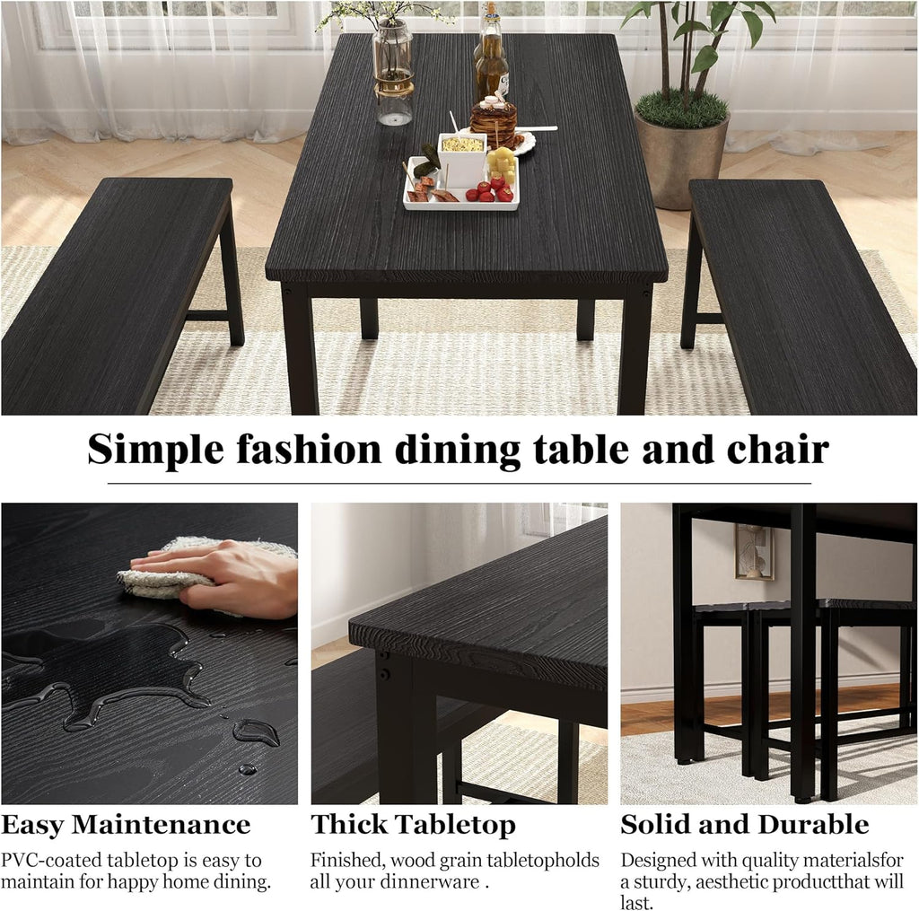 Dining Table Set for 4, Kitchen Room Table Set with 2 Benches, 3-Piece Dining Chairs Set for Breakfast Nook, Grey - Grand Goldman