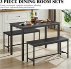 Dining Table Set for 4, Kitchen Room Table Set with 2 Benches, 3-Piece Dining Chairs Set for Breakfast Nook, Grey - Grand Goldman