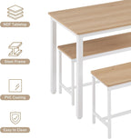 Dining Table Set for 4, Kitchen Room Table Set with 2 Benches, 3-Piece Dining Chairs Set for Breakfast Nook, Grey - Grand Goldman