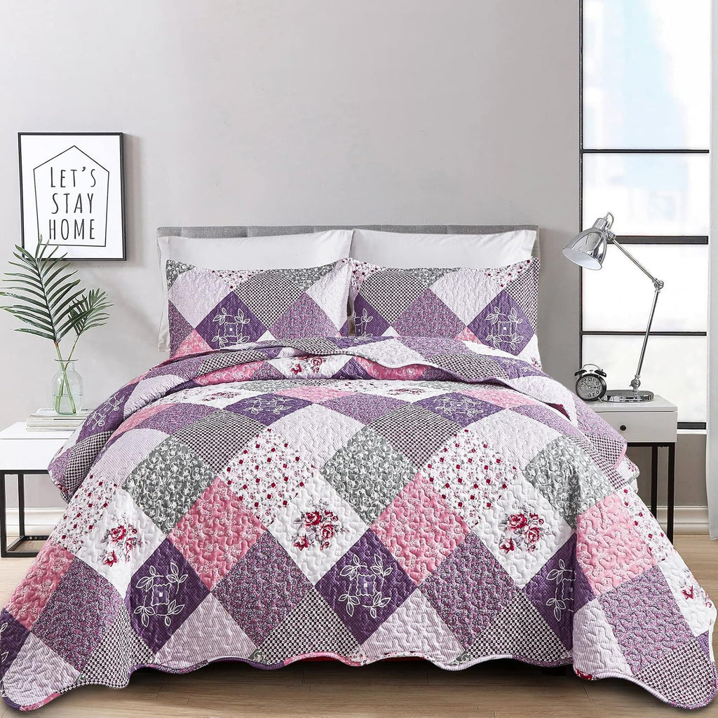 Dinjoy Purple Quilt Set Full Size, Reversible Floral Plaid Patchwork Pattern Bedding Set Soft Microfiber Lightweight Bedspread 3 Piece Spring Summer Fall Use (78x90 inches) - Grand Goldman