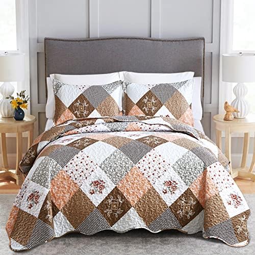 Dinjoy Purple Quilt Set Full Size, Reversible Floral Plaid Patchwork Pattern Bedding Set Soft Microfiber Lightweight Bedspread 3 Piece Spring Summer Fall Use (78x90 inches) - Grand Goldman