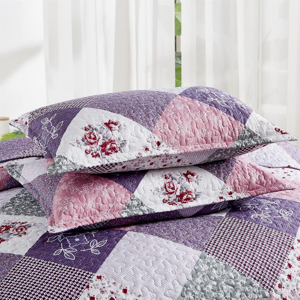 Dinjoy Purple Quilt Set Full Size, Reversible Floral Plaid Patchwork Pattern Bedding Set Soft Microfiber Lightweight Bedspread 3 Piece Spring Summer Fall Use (78x90 inches) - Grand Goldman