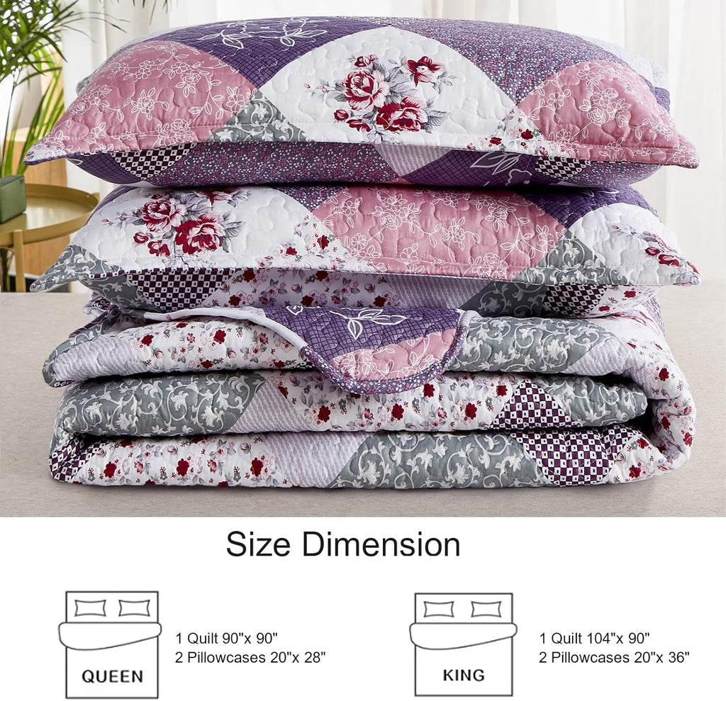 Dinjoy Purple Quilt Set Full Size, Reversible Floral Plaid Patchwork Pattern Bedding Set Soft Microfiber Lightweight Bedspread 3 Piece Spring Summer Fall Use (78x90 inches) - Grand Goldman