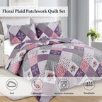 Dinjoy Purple Quilt Set Full Size, Reversible Floral Plaid Patchwork Pattern Bedding Set Soft Microfiber Lightweight Bedspread 3 Piece Spring Summer Fall Use (78x90 inches) - Grand Goldman