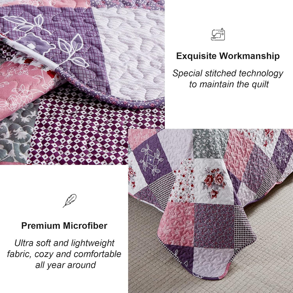 Dinjoy Purple Quilt Set Full Size, Reversible Floral Plaid Patchwork Pattern Bedding Set Soft Microfiber Lightweight Bedspread 3 Piece Spring Summer Fall Use (78x90 inches) - Grand Goldman