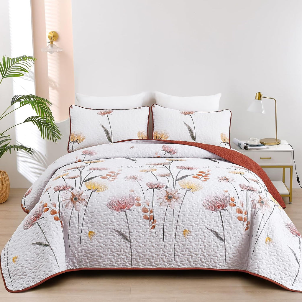 Dinjoy Quilt Set Queen Cute Floral Bedspread Coverlet Yellow Floral Quilts Microfiber Lightweight Queen Size Quilt Fall Bedding Sets Reversible Soft Quilted Bed Cover for All Season(Queen, 90"x96") - Grand Goldman