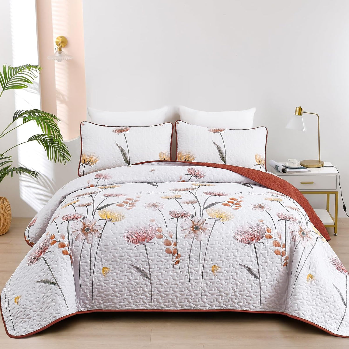 Dinjoy Quilt Set Queen Cute Floral Bedspread Coverlet Yellow Floral Quilts Microfiber Lightweight Queen Size Quilt Fall Bedding Sets Reversible Soft Quilted Bed Cover for All Season(Queen, 90"x96") - Grand Goldman