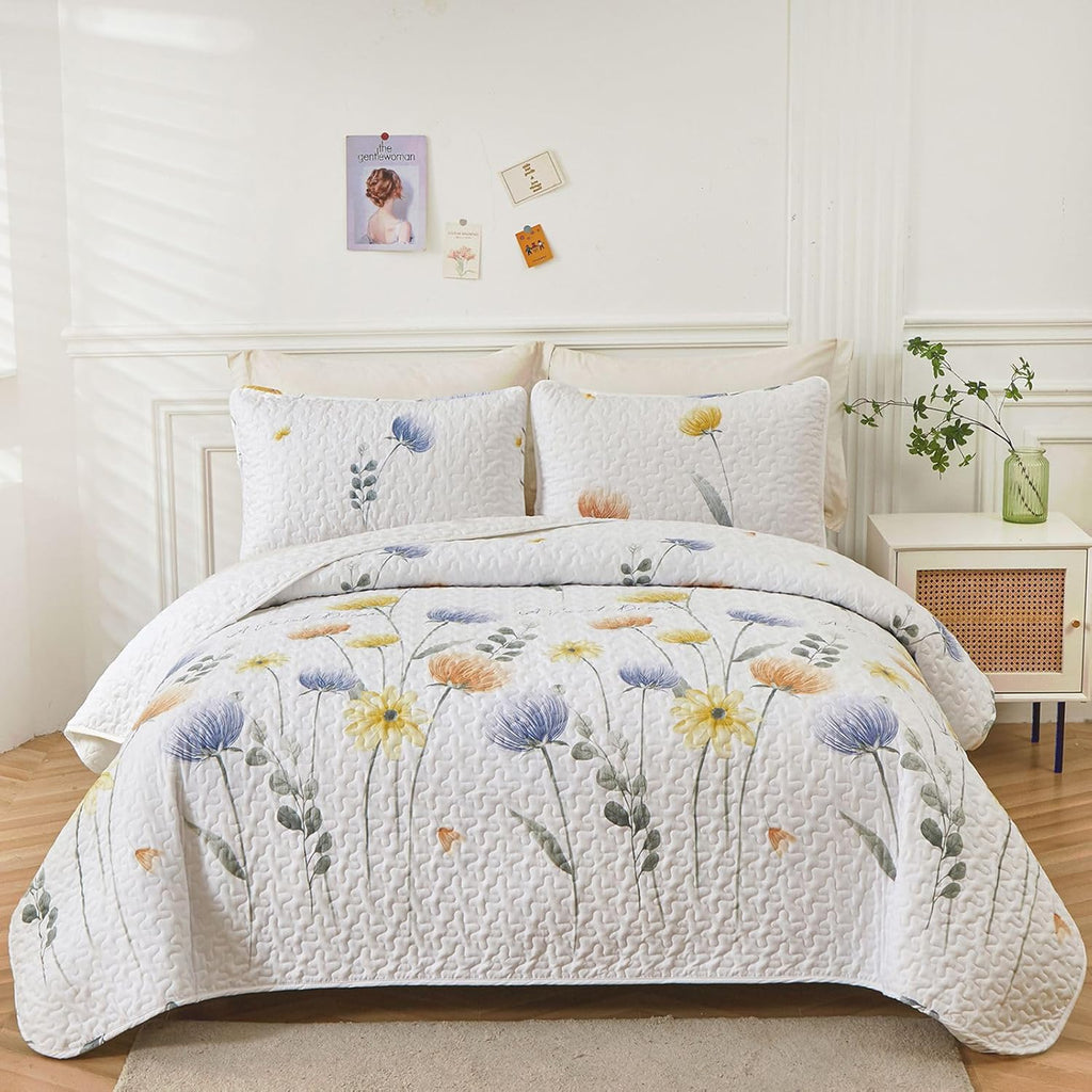 Dinjoy Quilt Set Queen Cute Floral Bedspread Coverlet Yellow Floral Quilts Microfiber Lightweight Queen Size Quilt Fall Bedding Sets Reversible Soft Quilted Bed Cover for All Season(Queen, 90"x96") - Grand Goldman