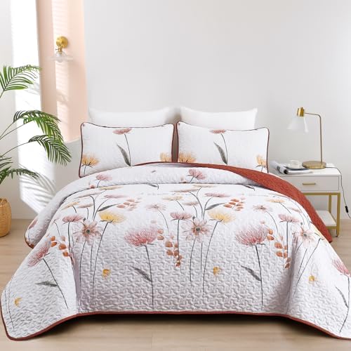 Dinjoy Quilt Set Queen Cute Floral Bedspread Coverlet Yellow Floral Quilts Microfiber Lightweight Queen Size Quilt Fall Bedding Sets Reversible Soft Quilted Bed Cover for All Season(Queen, 90"x96") - Grand Goldman