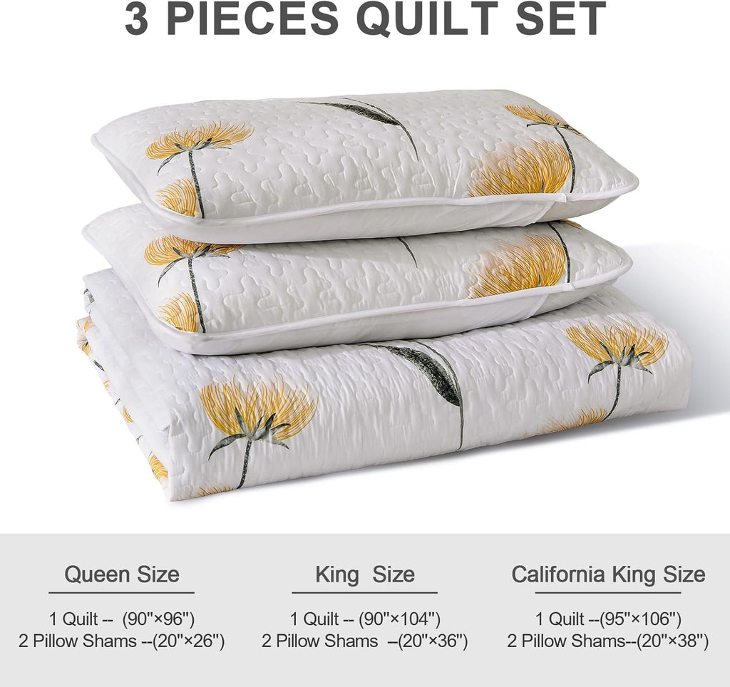 Dinjoy Quilt Set Queen Cute Floral Bedspread Coverlet Yellow Floral Quilts Microfiber Lightweight Queen Size Quilt Fall Bedding Sets Reversible Soft Quilted Bed Cover for All Season(Queen, 90"x96") - Grand Goldman