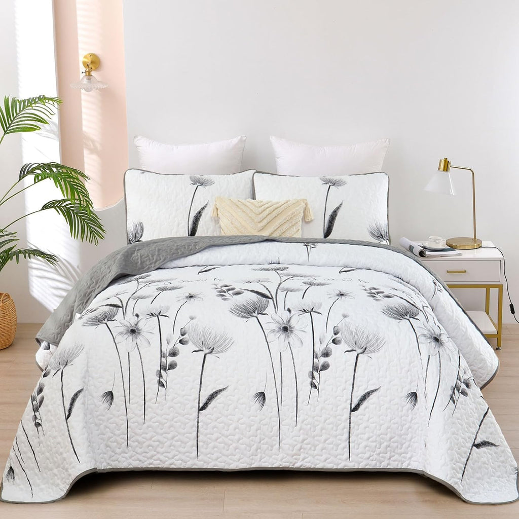 Dinjoy Quilt Set Queen Cute Floral Bedspread Coverlet Yellow Floral Quilts Microfiber Lightweight Queen Size Quilt Fall Bedding Sets Reversible Soft Quilted Bed Cover for All Season(Queen, 90"x96") - Grand Goldman