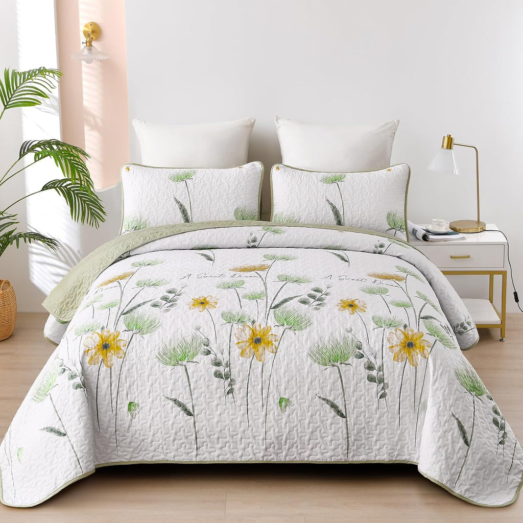 Dinjoy Quilt Set Queen Cute Floral Bedspread Coverlet Yellow Floral Quilts Microfiber Lightweight Queen Size Quilt Fall Bedding Sets Reversible Soft Quilted Bed Cover for All Season(Queen, 90"x96") - Grand Goldman