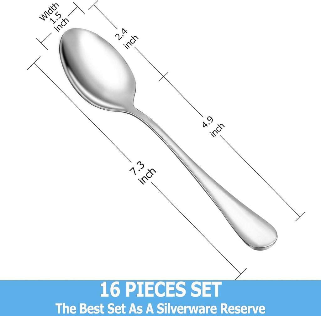 Dinner Spoon Set,16 Pcs 7.3" Tablespoons,Premium Food Grade 18/10 Stainless Steel Spoons,Durable Metal Spoons,Tablespoon,Silverware Spoons Only,Mirror Finish & Dishwasher Safe,Use for Home,Restaurant - Grand Goldman