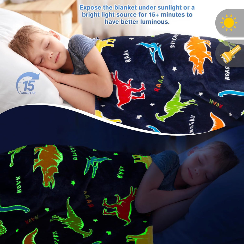 Dinosaur Gifts Toys for Boys Girls - Glow in The Dark Dino Blanket Best Christmas Birthday Valentine's Day Easter Presents for Kids Age 1 2 3 4 5 6 7 8 9 10 Year Old Child Teen Soft Throw 50"x60" - Grand Goldman