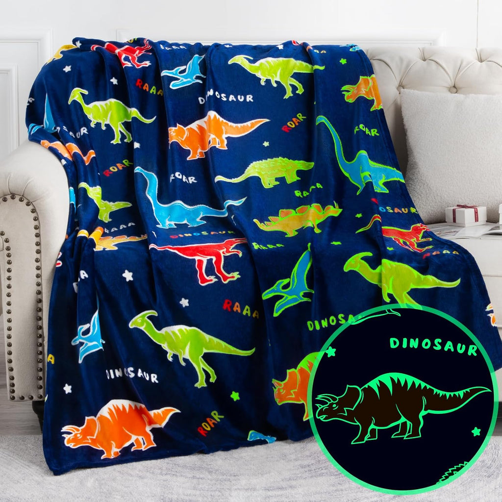 Dinosaur Gifts Toys for Boys Girls - Glow in The Dark Dino Blanket Best Christmas Birthday Valentine's Day Easter Presents for Kids Age 1 2 3 4 5 6 7 8 9 10 Year Old Child Teen Soft Throw 50"x60" - Grand Goldman
