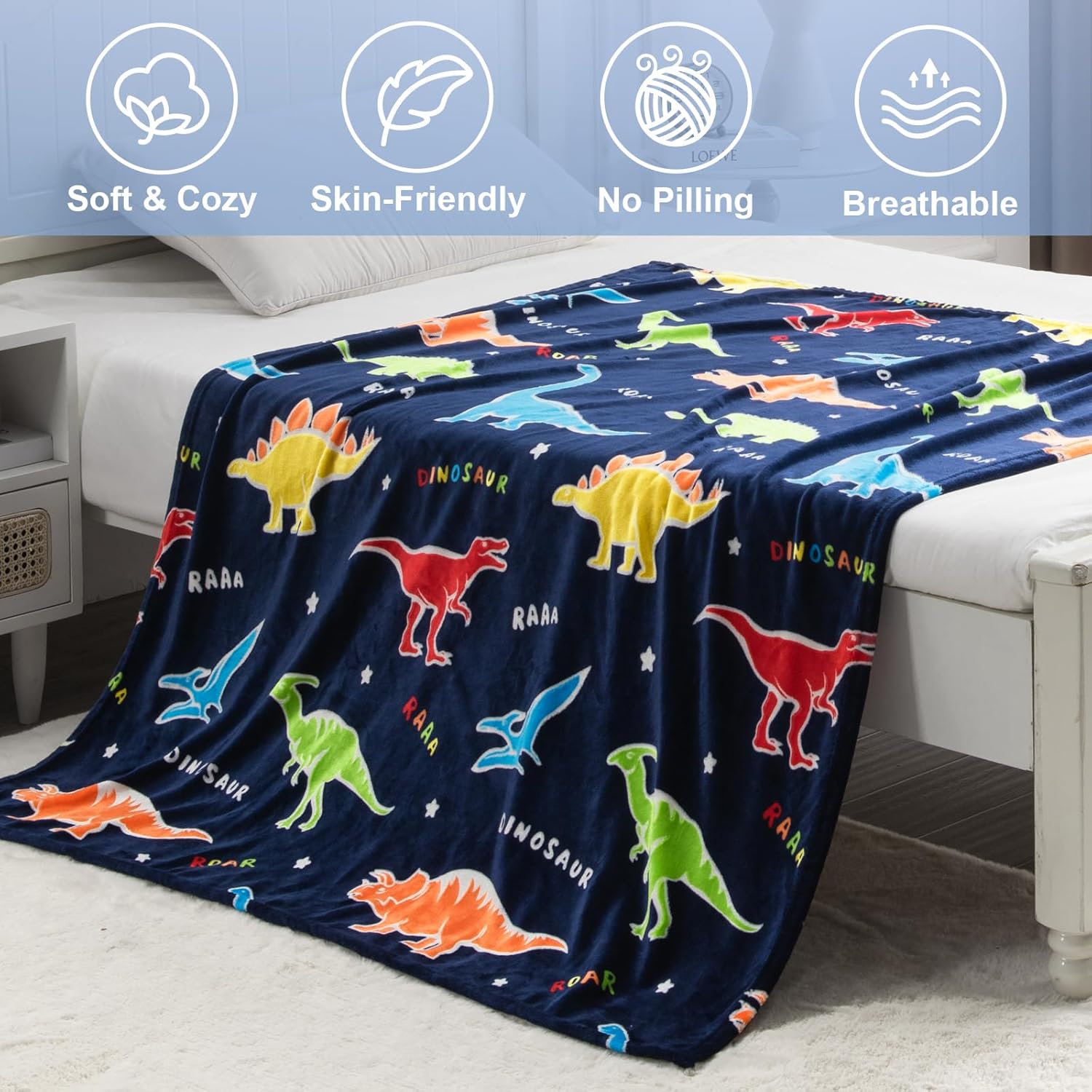 Dinosaur Gifts Toys for Boys Girls - Glow in The Dark Dino Blanket Best Christmas Birthday Valentine's Day Easter Presents for Kids Age 1 2 3 4 5 6 7 8 9 10 Year Old Child Teen Soft Throw 50"x60" - Grand Goldman
