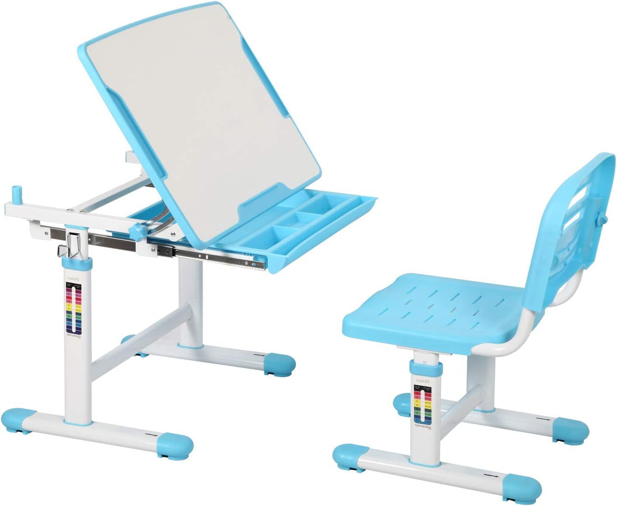 Diroan Kids Multifunctional Desk and Chair Set, Height Adjustable Children School Study Desk with Large Tilt Desktop, Metal Hook and Storage Drawer for Boys Girls, Blue - Grand Goldman