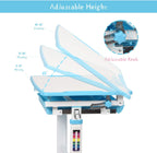 Diroan Kids Multifunctional Desk and Chair Set, Height Adjustable Children School Study Desk with Large Tilt Desktop, Metal Hook and Storage Drawer for Boys Girls, Blue - Grand Goldman