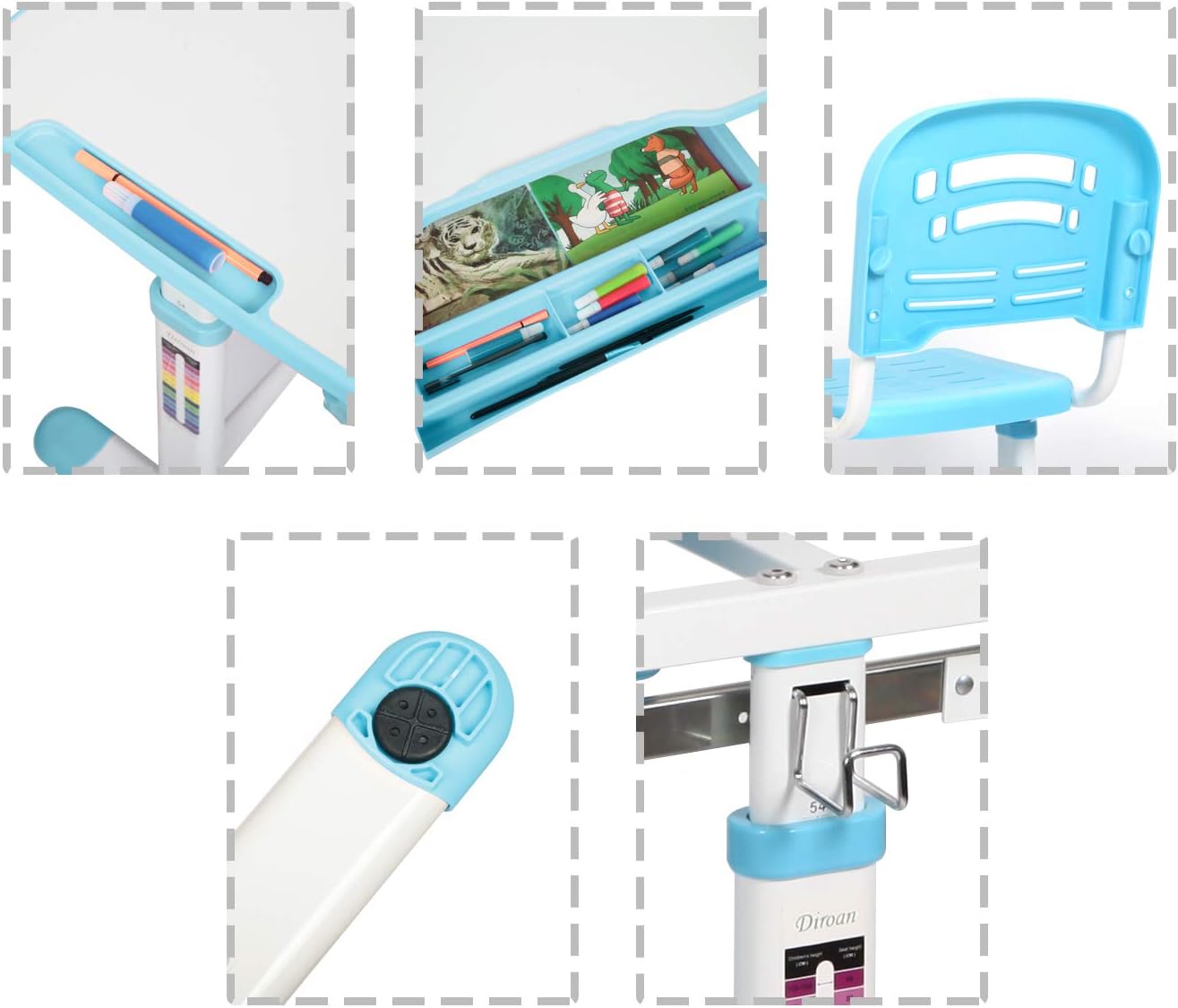 Diroan Kids Multifunctional Desk and Chair Set, Height Adjustable Children School Study Desk with Large Tilt Desktop, Metal Hook and Storage Drawer for Boys Girls, Blue - Grand Goldman