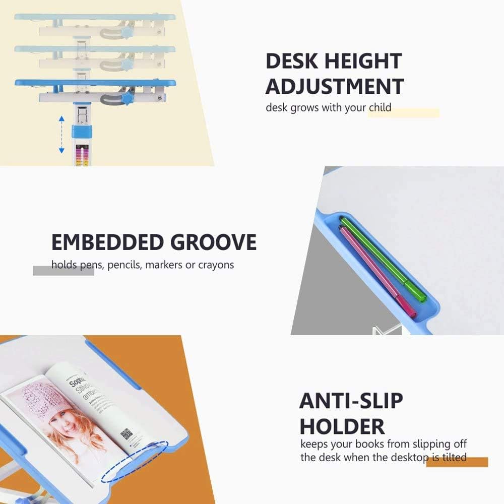 Diroan Kids Multifunctional Desk and Chair Set, Height Adjustable Children School Study Desk with Large Tilt Desktop, Metal Hook and Storage Drawer for Boys Girls, Blue - Grand Goldman