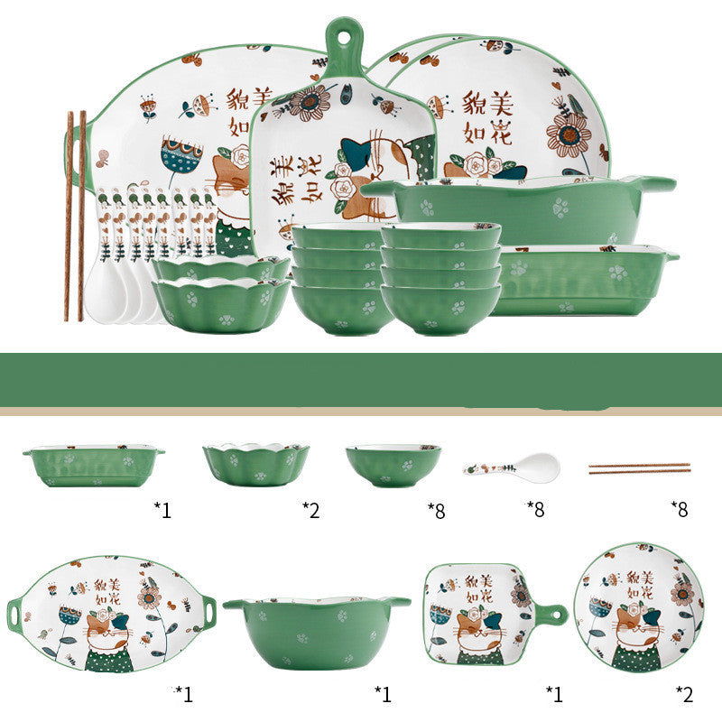 Dishes set household net red eating bowl cute children's cabbage plate combination soup bowl underglaze Nordic style meal - Grand Goldman