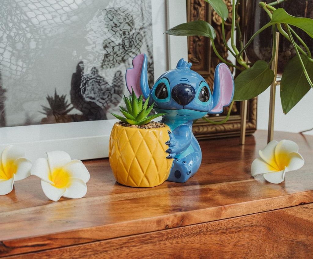 Disney Lilo & Stitch Pineapple 6-Inch Ceramic Planter with Artificial Succulent | Cute Flower Pot, Faux Indoor Plants - Grand Goldman