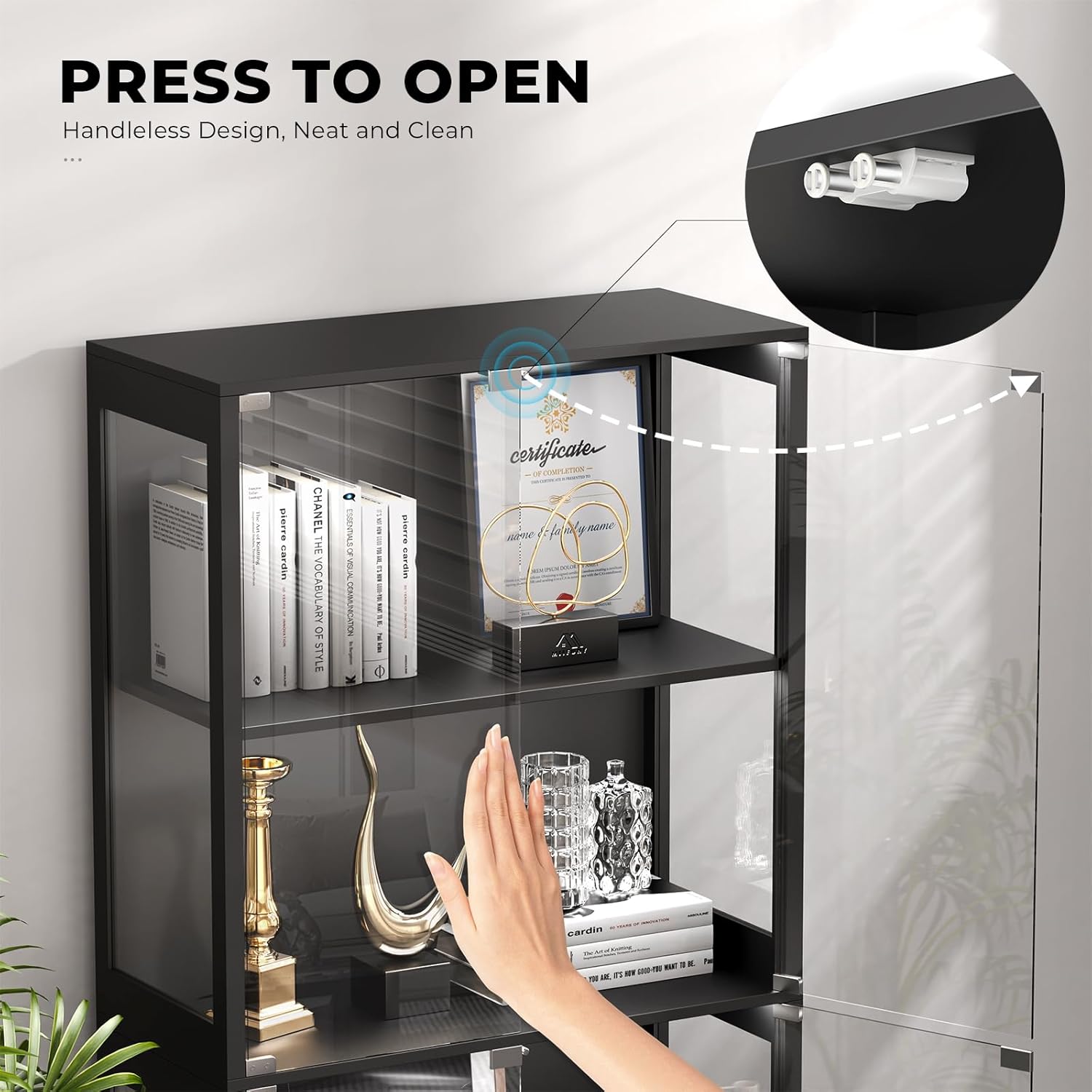 Display Cabinet with Glass Doors, 4-Tier Curio Cabinet with 3 Color Lights for Collectibles, Glass Display Case with Human Body Sensor, Storage Cabinet, Black - Grand Goldman