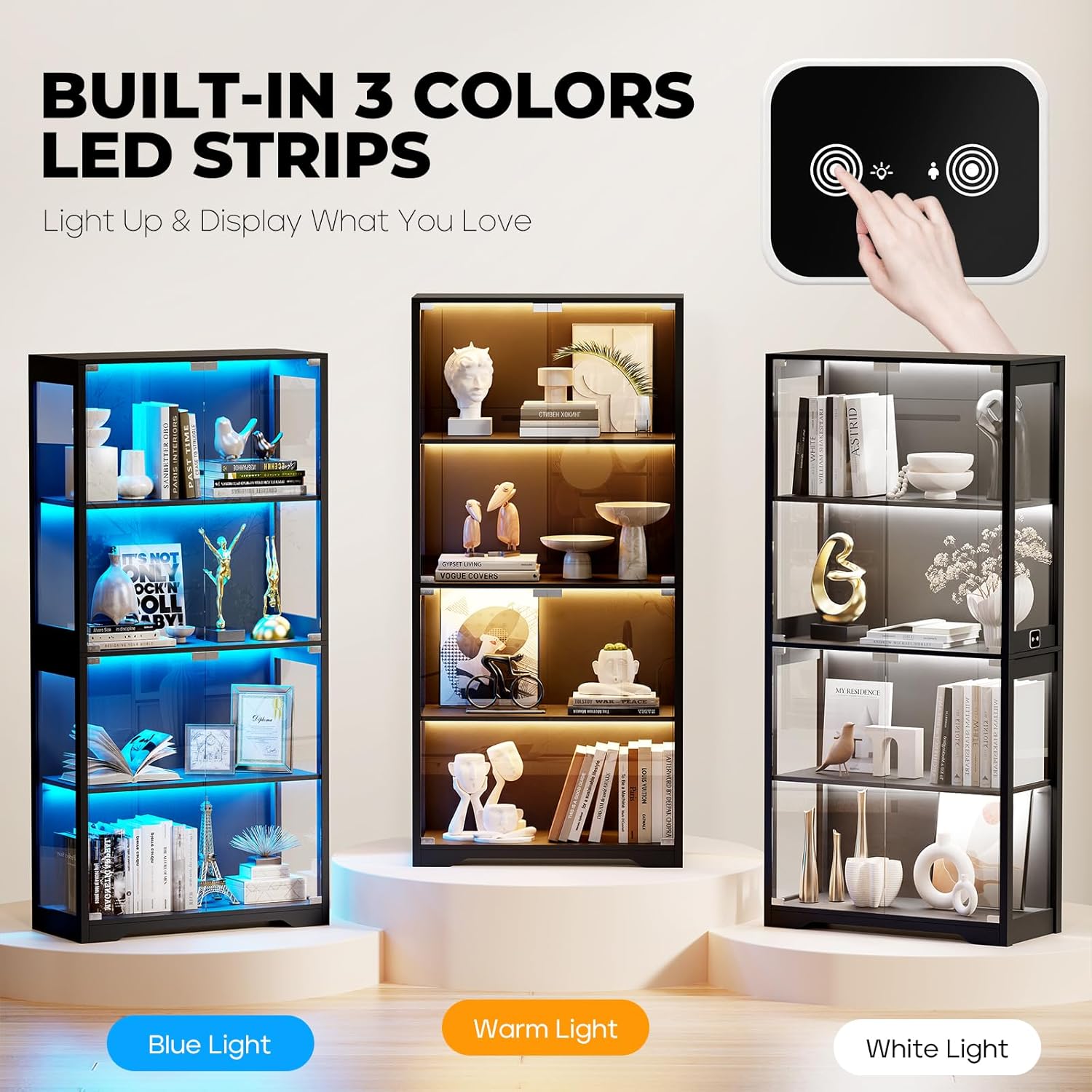 Display Cabinet with Glass Doors, 4-Tier Curio Cabinet with 3 Color Lights for Collectibles, Glass Display Case with Human Body Sensor, Storage Cabinet, Black - Grand Goldman