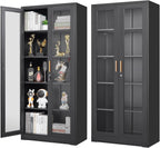 Display Cabinet with Glass Doors, Black Curio Cabinet with Lock, 71“ Tall Display Case for Living Room, Bookcase for Home, Clinic, School (Black)- Assemble Required - Grand Goldman