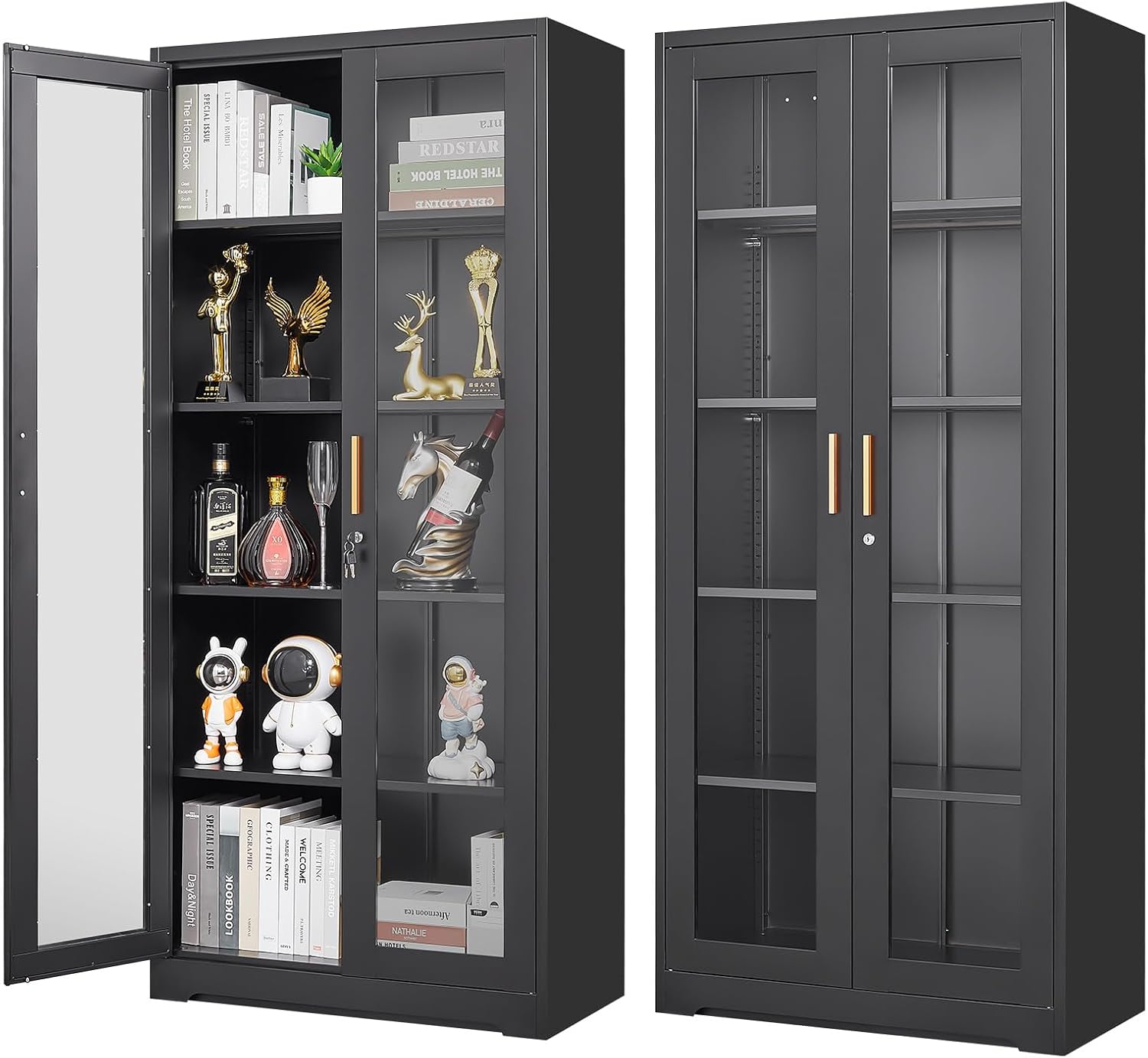 Display Cabinet with Glass Doors, Black Curio Cabinet with Lock, 71“ Tall Display Case for Living Room, Bookcase for Home, Clinic, School (Black)- Assemble Required - Grand Goldman