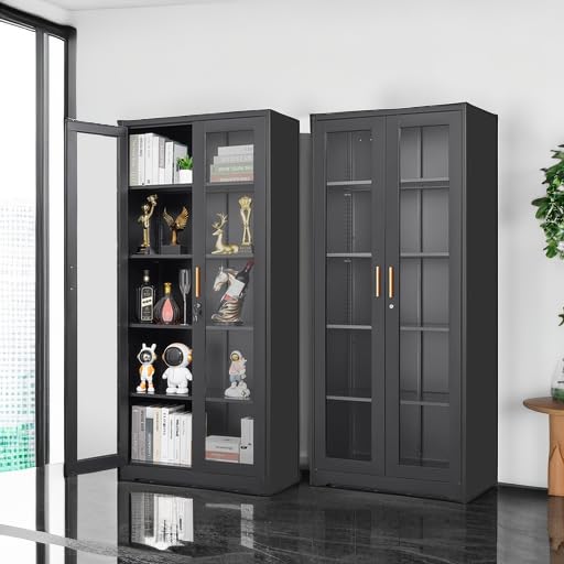 Display Cabinet with Glass Doors, Black Curio Cabinet with Lock, 71“ Tall Display Case for Living Room, Bookcase for Home, Clinic, School (Black)- Assemble Required - Grand Goldman