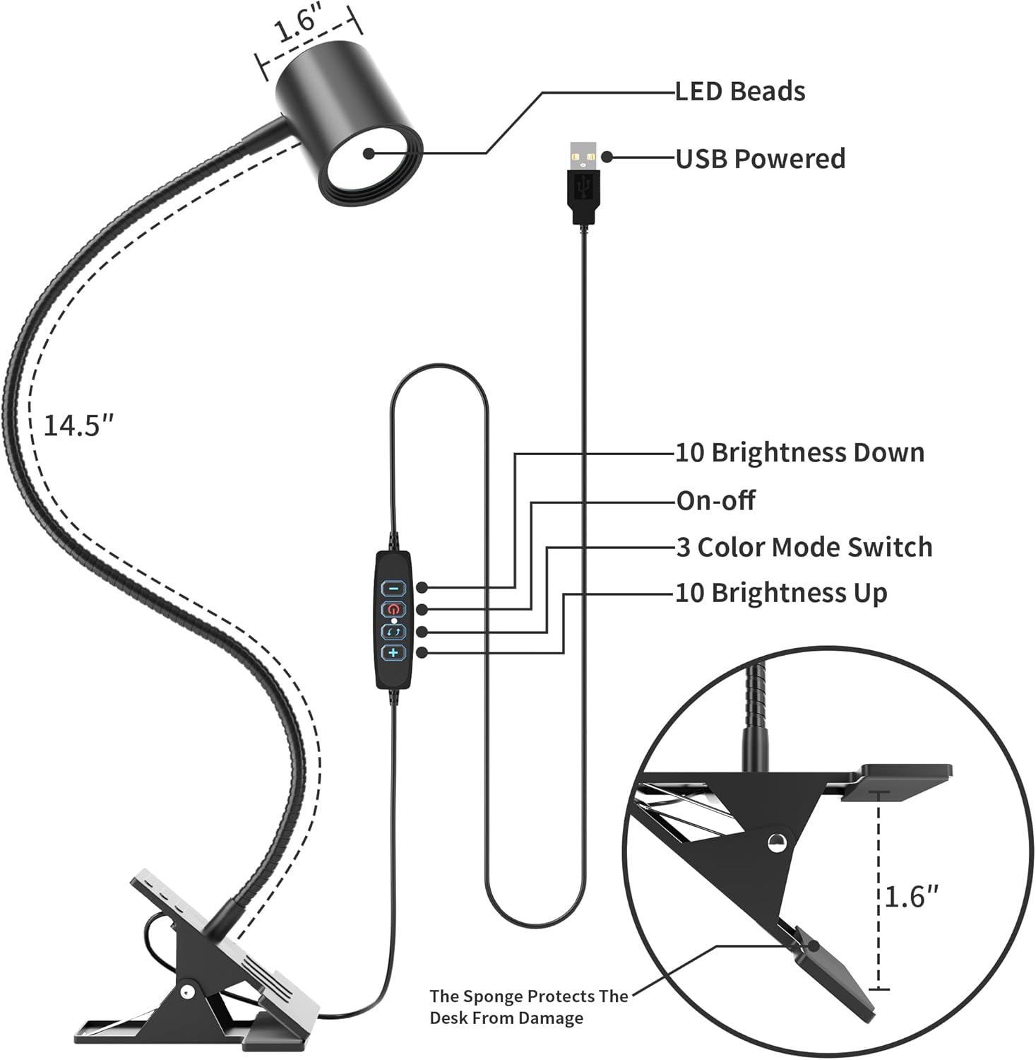 Dott Arts Desk Lamp,USB Clip On Light with 3 Color Modes,LED 10 Levels Brightness Reading Light, 360°Gooseneck Book Light,Eye-Care Reading Lamp for Home Office,Headboards Black - Grand Goldman