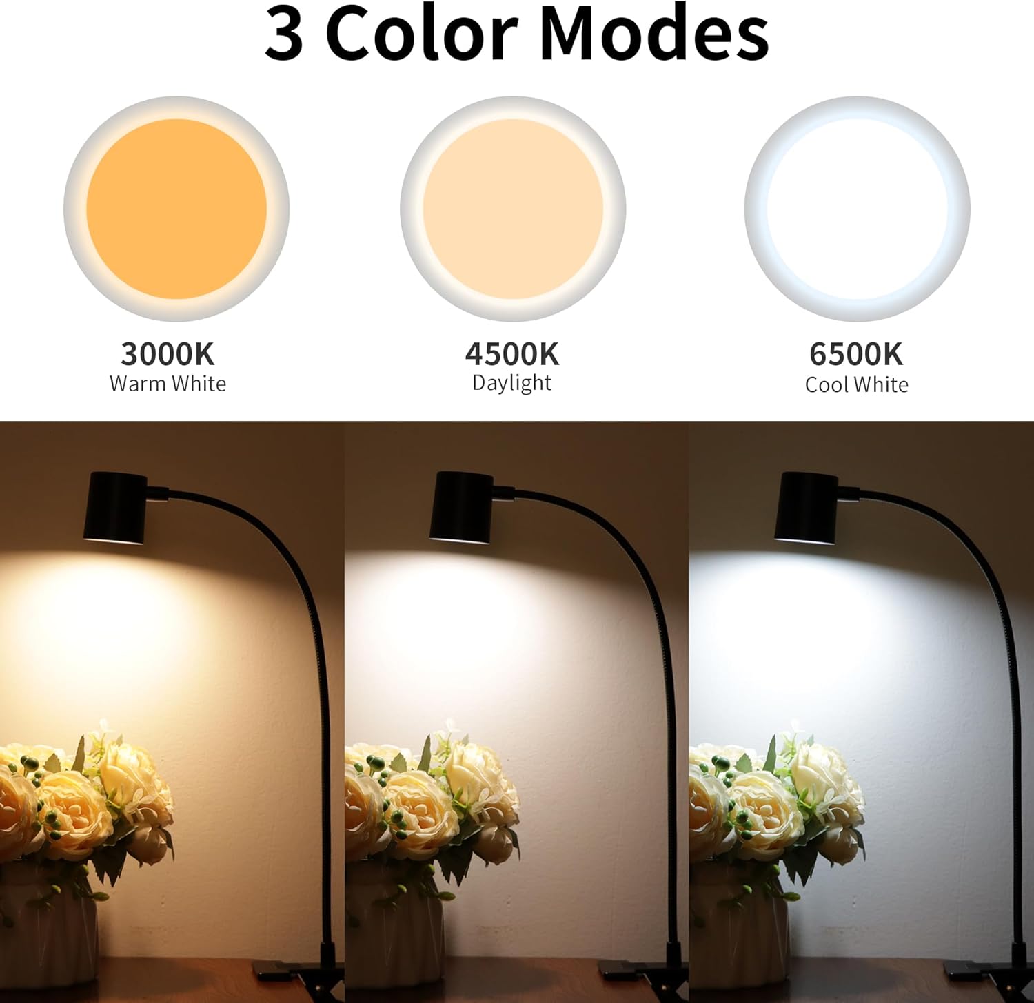 Dott Arts Desk Lamp,USB Clip On Light with 3 Color Modes,LED 10 Levels Brightness Reading Light, 360°Gooseneck Book Light,Eye-Care Reading Lamp for Home Office,Headboards Black - Grand Goldman