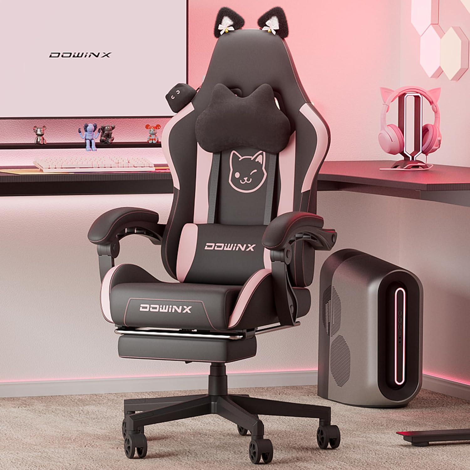 Dowinx Gaming Chair Cute with Cat Ears and Massage Lumbar Support, Ergonomic Computer Chair for Girl with Footrest and Headrest, Comfortable Reclining Game Chair 290lbs for Adult, Teen, Pink - Grand Goldman