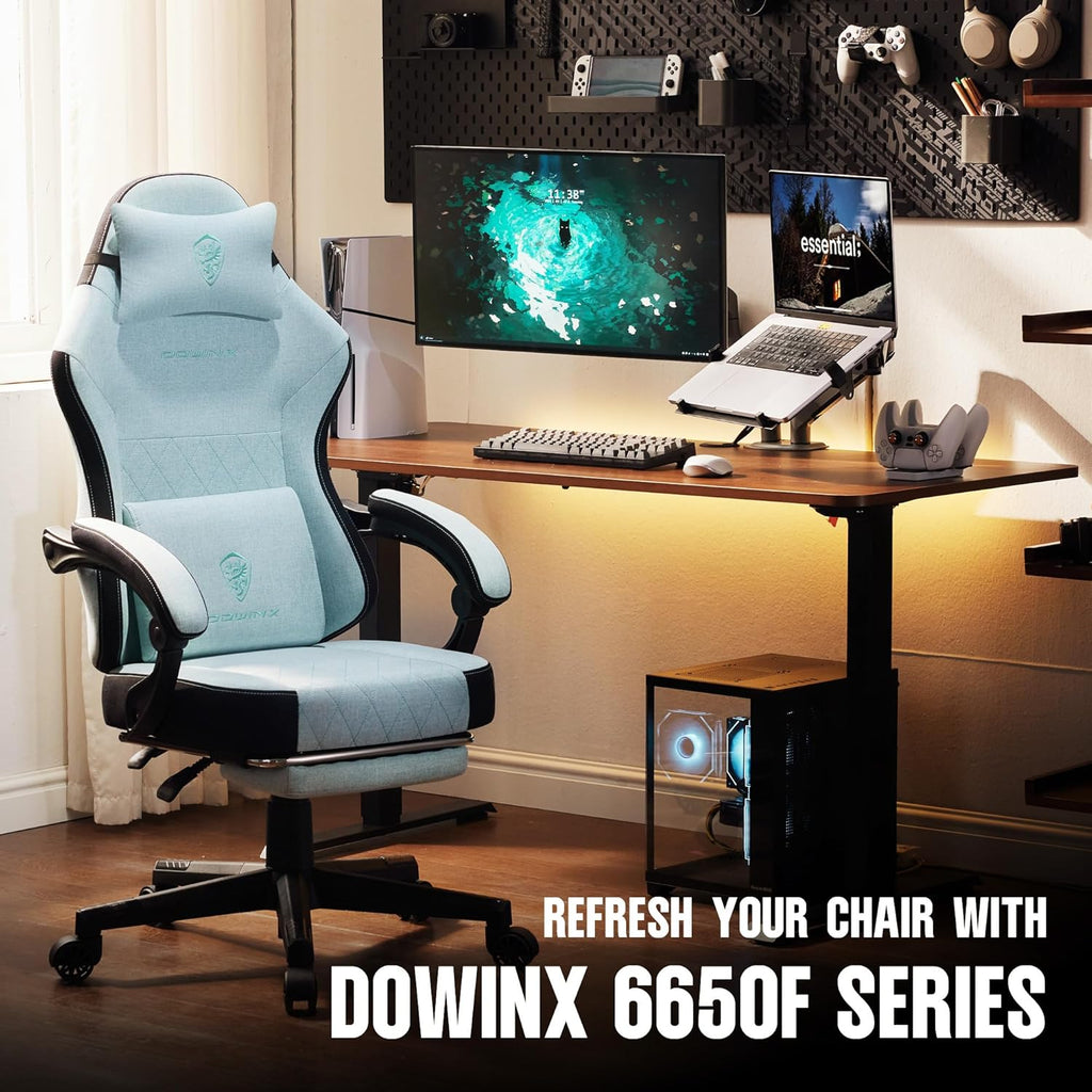 Dowinx Gaming Chair Fabric with Pocket Spring Cushion, High Back Ergonomic Computer Chair with Footrest for Adults, Massage Lumbar Support Swivel Game Chair for Office Gaming 300LBS, Black - Grand Goldman