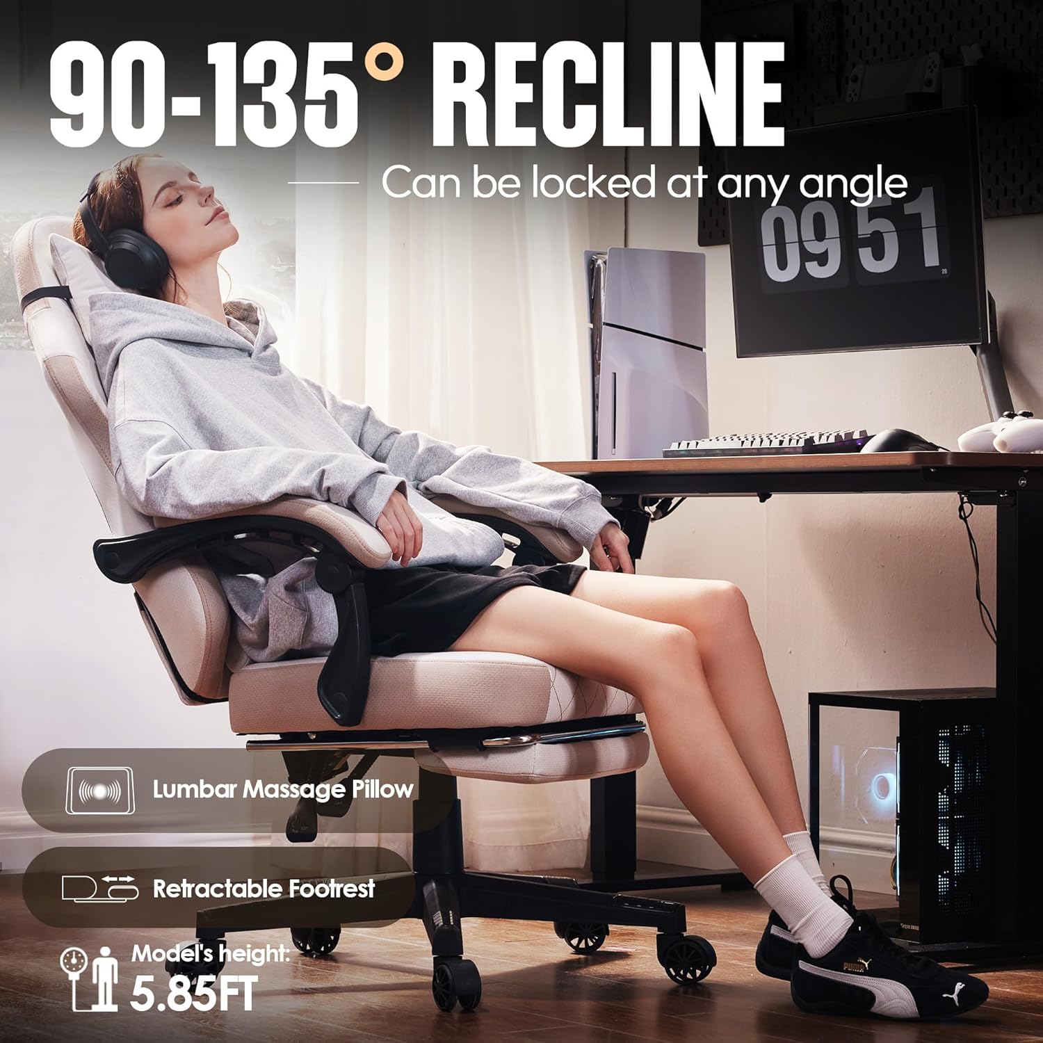 Dowinx Gaming Chair Fabric with Pocket Spring Cushion, High Back Ergonomic Computer Chair with Footrest for Adults, Massage Lumbar Support Swivel Game Chair for Office Gaming 300LBS, Black - Grand Goldman