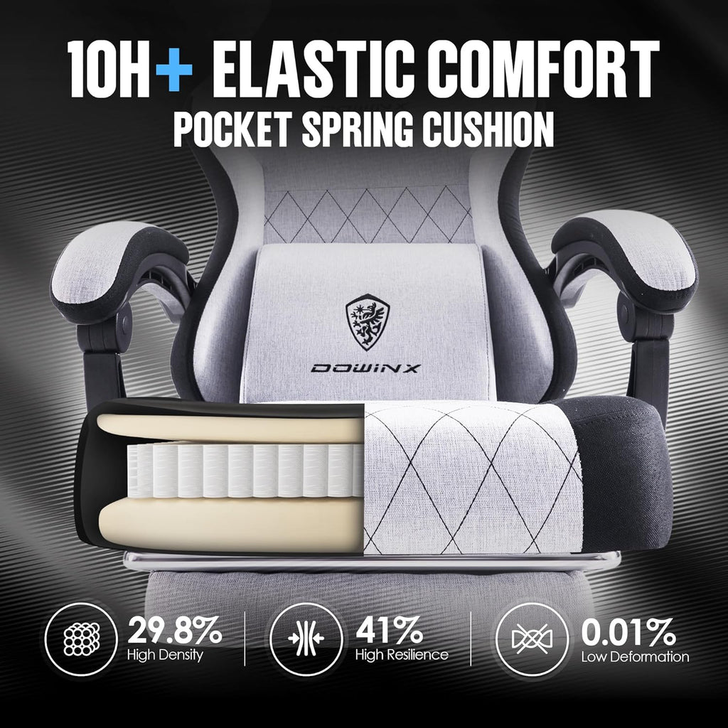Dowinx Gaming Chair Fabric with Pocket Spring Cushion, High Back Ergonomic Computer Chair with Footrest for Adults, Massage Lumbar Support Swivel Game Chair for Office Gaming 300LBS, Black - Grand Goldman