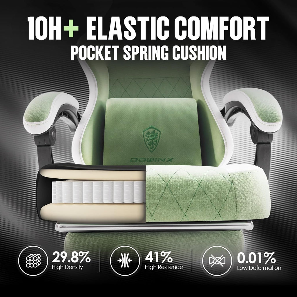 Dowinx Gaming Chair Fabric with Pocket Spring Cushion, High Back Ergonomic Computer Chair with Footrest for Adults, Massage Lumbar Support Swivel Game Chair for Office Gaming 300LBS, Black - Grand Goldman